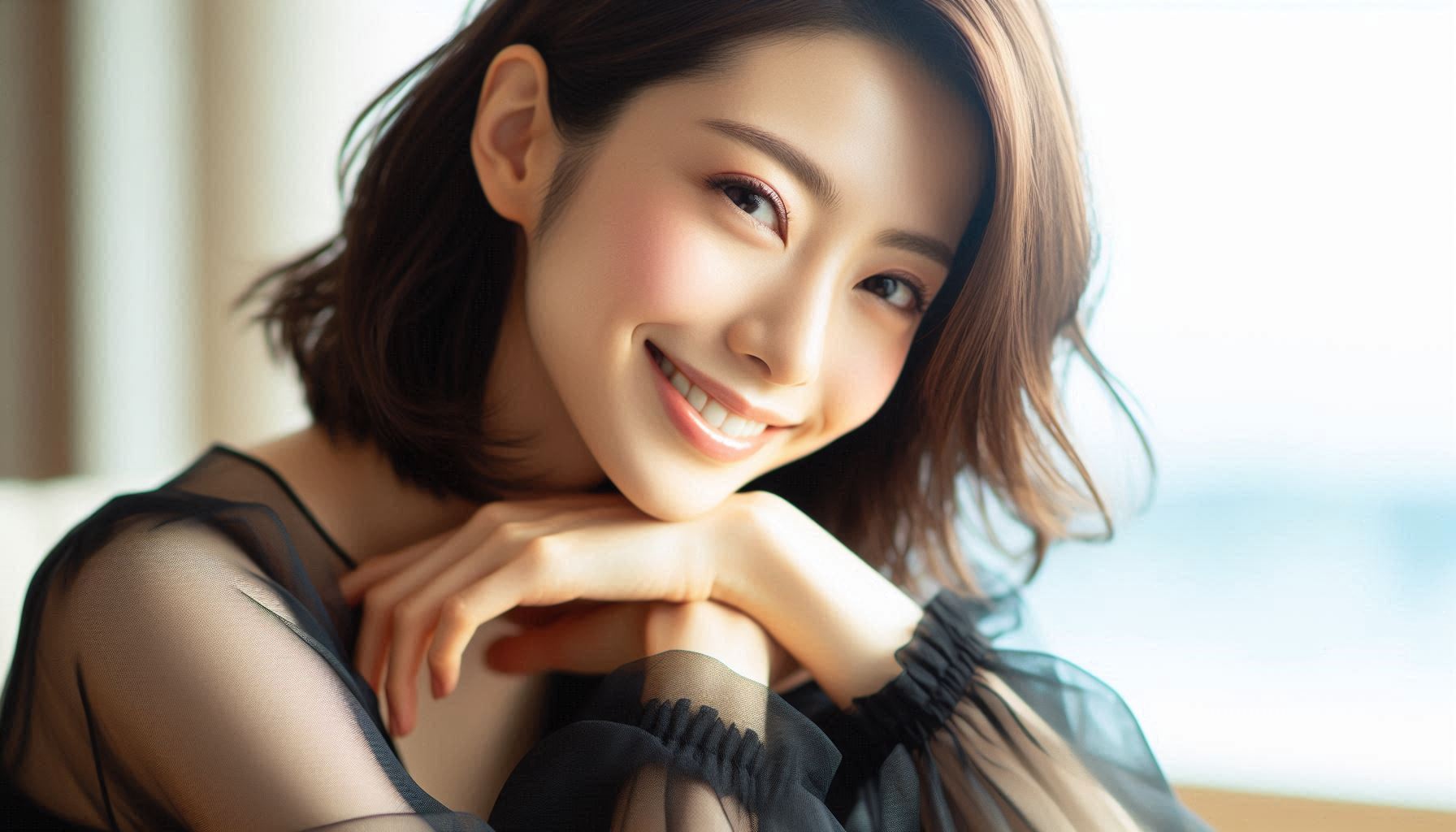柔らかい自然光の中で微笑む日本人女性のポートレート。