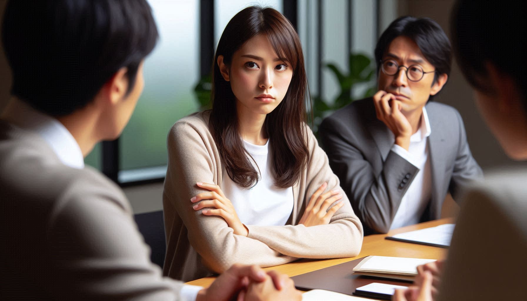 会議中の日本人女性が、発言する同僚の意見に不満そうな表情を見せている。