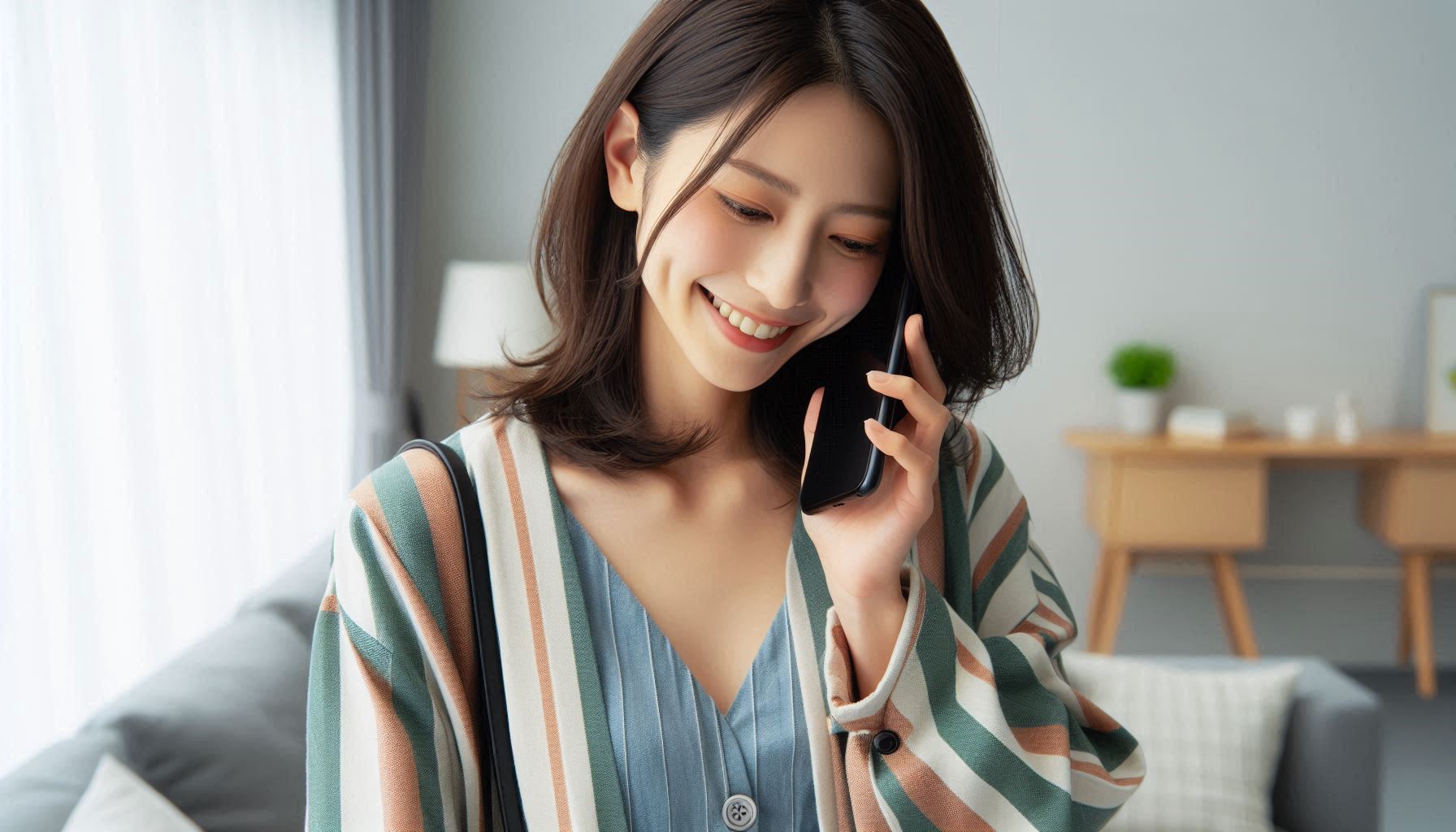 日本人女性が電話で話している。