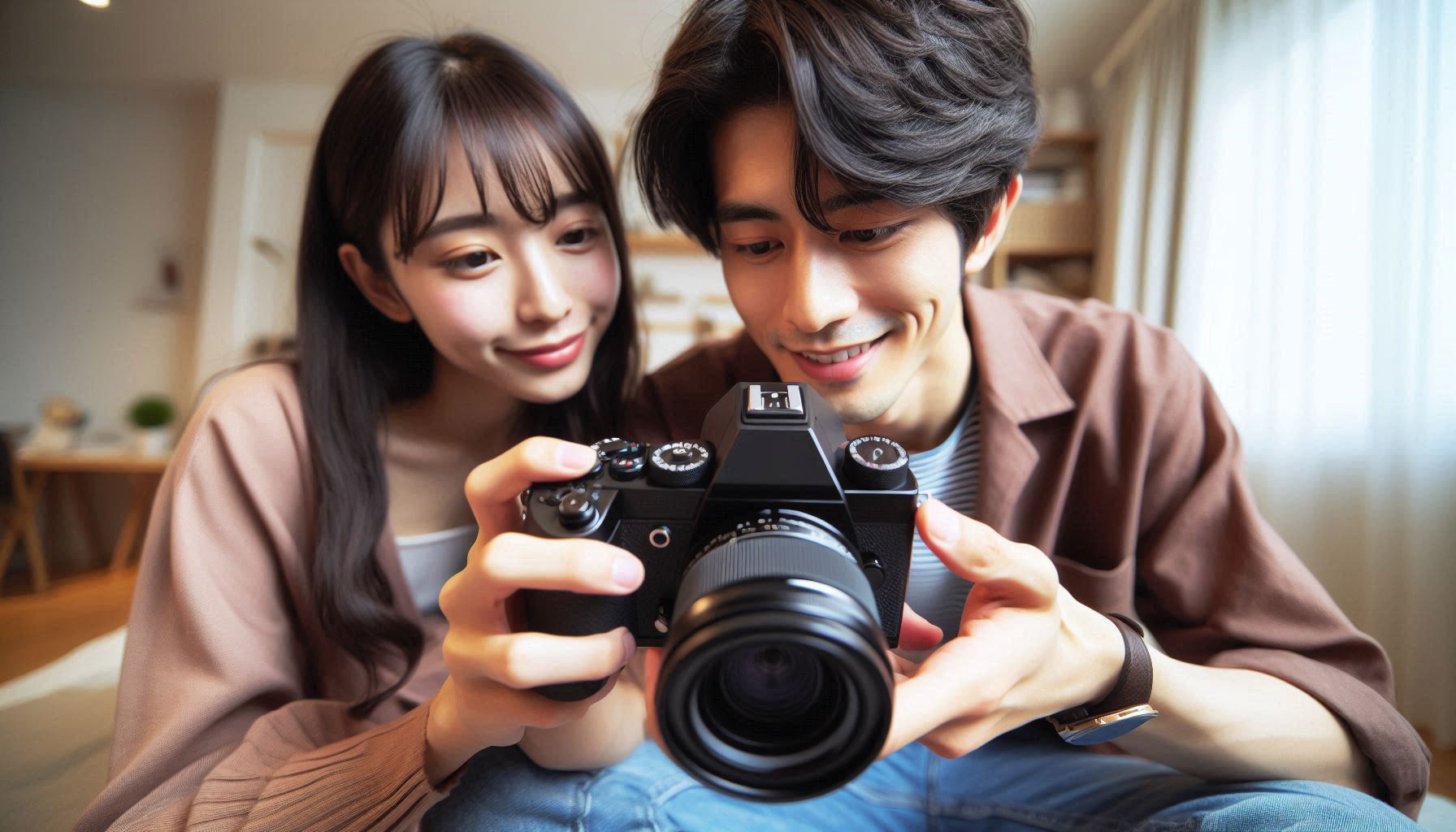 男性が女性に一眼レフカメラの画面を見せている。