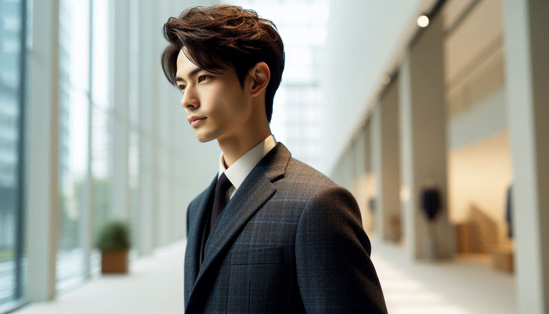 30歳くらいの日本人男性。 凛とした表情で立ち、周囲にわずかに柔らかな光が漂っている。